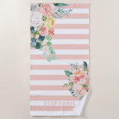 航海のストライプ水カラーフローラピンク名 ビーチタオル (正面)
