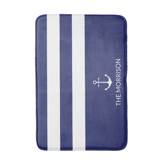 航海のストライプ船名白いかりネイビーブルー バスマット (正面縦)