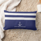 航海のストライプ船名白いかりネイビーブルー ランバークッション (ブランケット)