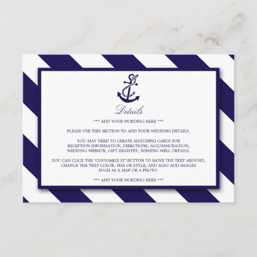 航海のストライプ詳細&ネイビーブルー結婚いかり エンクロージャーカード (正面)