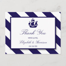 航海のストライプ&ネイビーブルー結婚シップ ポストカード