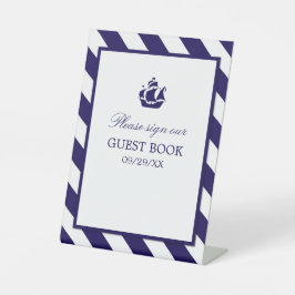 航海のストライプ&ネイビーブルー結婚シップ 台座サイン