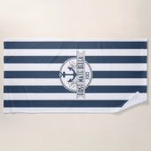 航海のストライプ | パーソナライズされたいかり&ロープロゴ ビーチタオル (正面)
