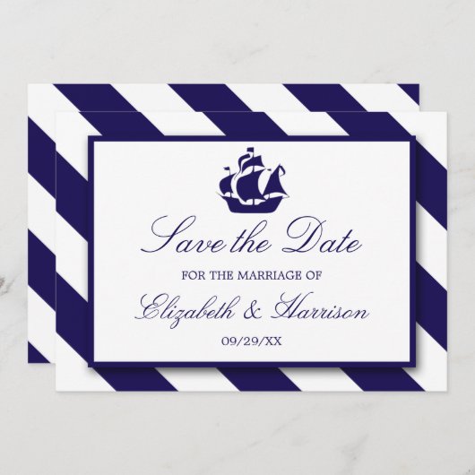 航海のストライプNavy Blue Ship日付の保存 セーブザデート (正面/裏面)