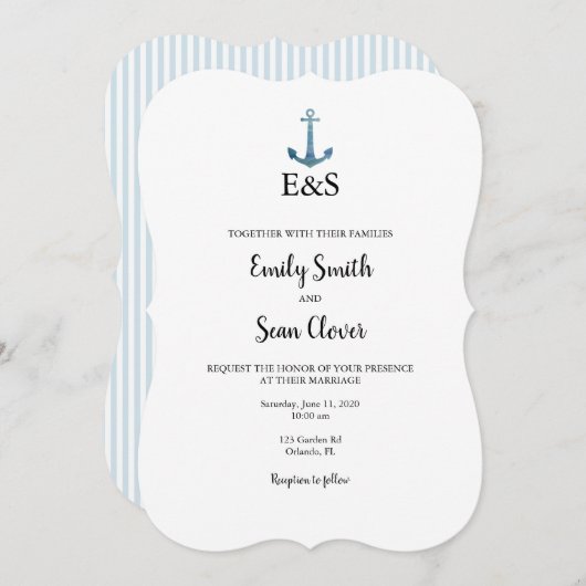 航海のズ結婚モノグラムブルーストライプ招待状 招待状 (正面/裏面)
