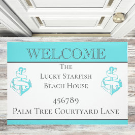 航海のティール（緑がかった色）ターコイズいかりビーチハウス ドアマット