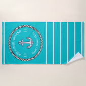 航海のティール（緑がかった色）ブルーボート名いかりロープストライプの ビーチタオル (正面)