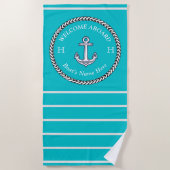 航海のティール（緑がかった色）ブルーボート名いかりロープストライプの ビーチタオル (正面)