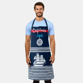 航海のテーマの濃い青 エプロン (着用した状態)