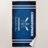 航海のテーマネイビーブルーストライプビーチタオル ビーチタオル (正面)