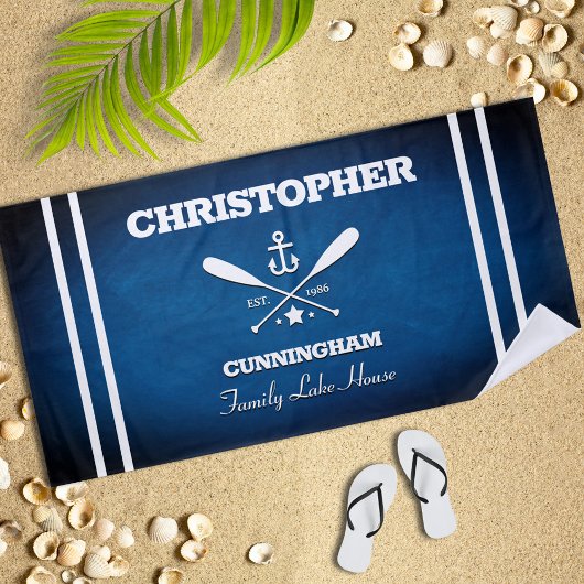 航海のテーマネイビーブルーストライプビーチタオル ビーチタオル