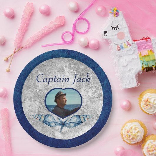 -航海のテーマネイビーブルーフォトシェル水色 ペーパープレート (パーティー)