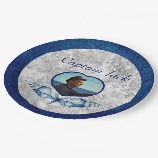-航海のテーマネイビーブルーフォトシェル水色 ペーパープレート (アングル)