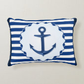 航海のテーマブルーホワイトいかりマリーンストライプ アクセントクッション (正面)