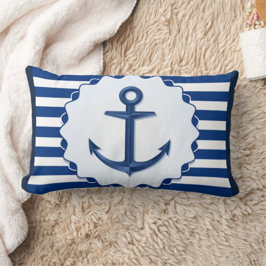 航海のテーマブルーホワイトいかりマリーンストライプ ランバークッション (ブランケット)