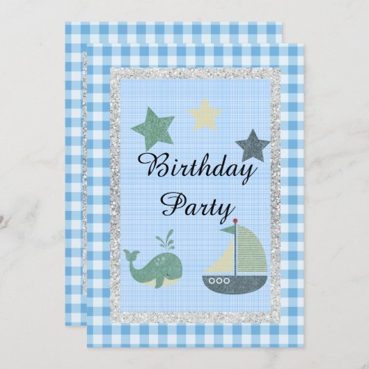 航海のテーマブルーホワイトチェック誕生日パーティー 招待状 (正面/裏面)