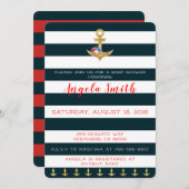 航海のテーマベビーシャワーいかり遠くにストライプの 招待状 (正面/裏面)