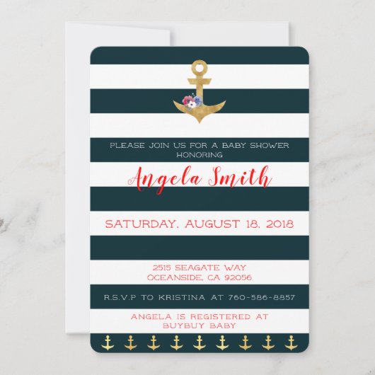 航海のテーマベビーシャワーいかり遠くにストライプの 招待状 (正面)