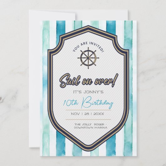 航海のテーマ誕生日カード10歳の誕生日。 招待状 (正面)