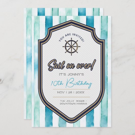 航海のテーマ誕生日カード10歳の誕生日。 招待状 (正面/裏面)