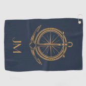 航海のデザインと金ゴールドコンパスおよびいかり ゴルフタオル (横)