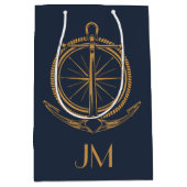 航海のデザインと金ゴールドコンパスおよびいかり ミディアムペーパーバッグ (正面)