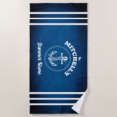 航海のデザインネイビーブルーストライプのビーチタオル ビーチタオル (正面)