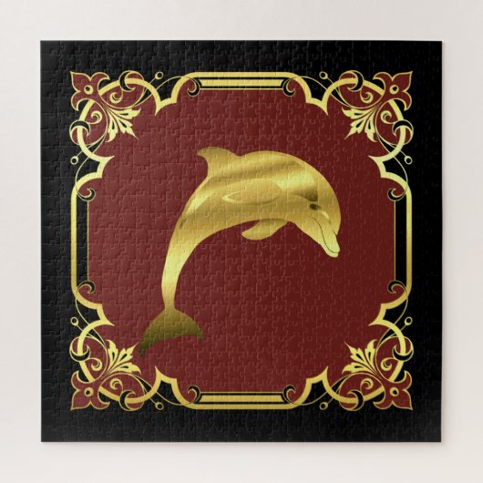 航海のドルフィンのシルエット/金ゴールド/黒/赤 ジグソーパズル (縦)