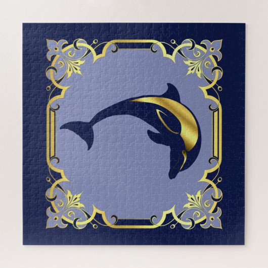 航海のドルフィンシルエット/金ゴールド/ネイビーブルー ジグソーパズル (横)