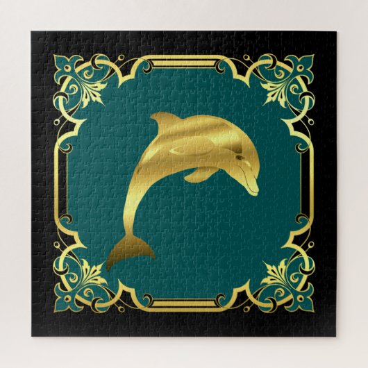 航海のドルフィンシルエット/金ゴールド/ブラック/アクア ジグソーパズル (縦)
