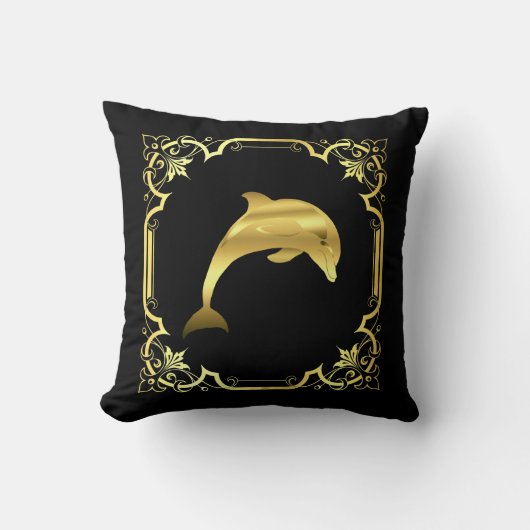 航海のドルフィンジャンピングシルエット/金ゴールド/ブラック クッション (正面)
