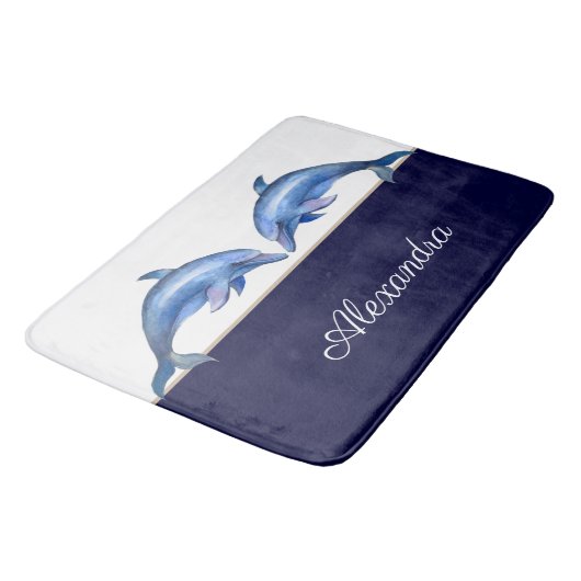 航海のドルフィン水彩白海軍ブルー名 バスマット (アングル)