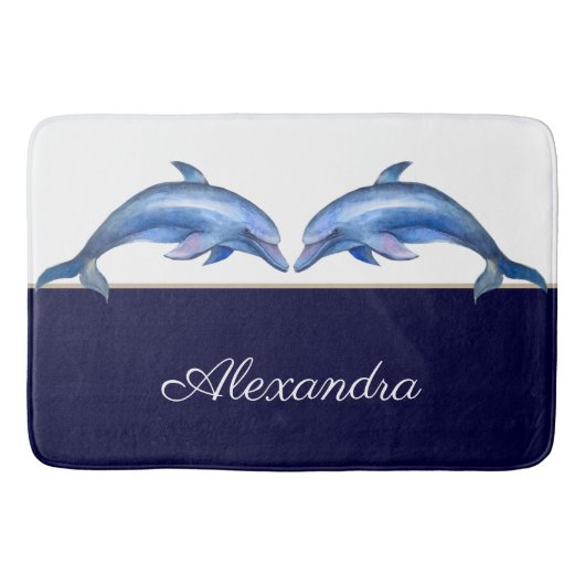 航海のドルフィン水彩白海軍ブルー名 バスマット (正面)