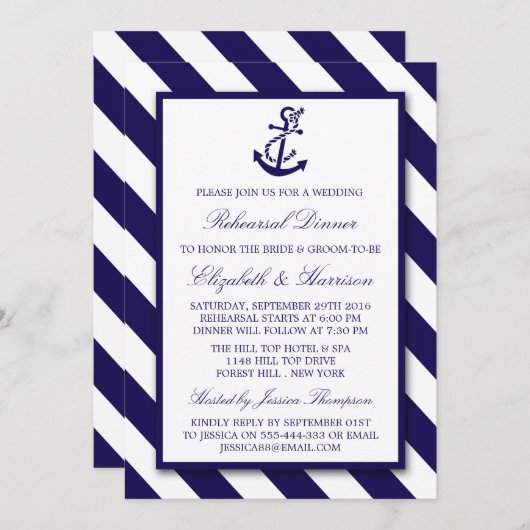 航海のネイビストライプーブルーいかりリハーサルディナー 招待状 (正面/裏面)