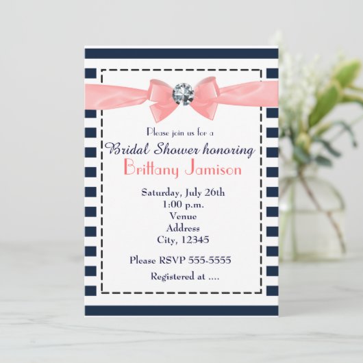 航海のネイビストライプーブルーピーチボウ招待状 招待状 (スタンド正面)