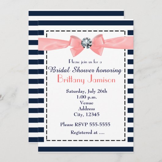 航海のネイビストライプーブルーピーチボウ招待状 招待状 (正面/裏面)