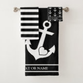 航海のハートいかりブラック&ホワイトストライプズカスタム バスタオルセット (インサイチュ)