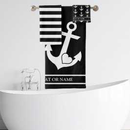 航海のハートいかりブラック&ホワイトストライプズカスタム バスタオルセット