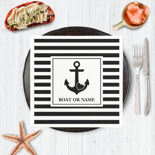 航海のハートいかりボート白黒ストライプの スタンダードカクテルナプキン