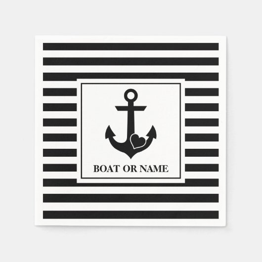 航海のハートいかりボート白黒ストライプの スタンダードカクテルナプキン (正面)