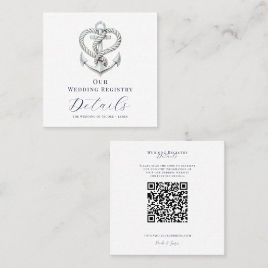 航海のハートロープいかり結婚のレジストリQR スクエア名刺 (正面/裏面)