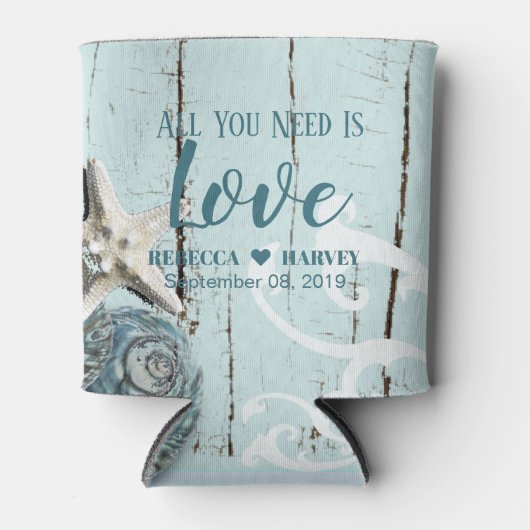 航海のビーチアクア青いシーセルヒトデ結婚ィス 缶クーラー (正面)