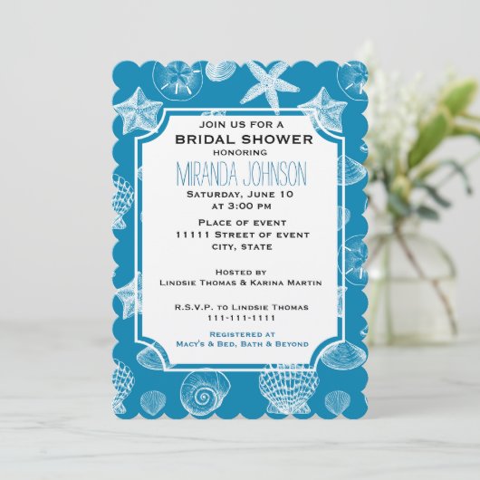 航海のビーチシェルアクアホワイトブライダルシャワー 招待状 (スタンド正面)