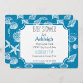 航海のビーチシェルアクアホワイトベイビーシャワー 招待状 (正面/裏面)