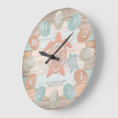 航海のビーチストライプ、海ガラス、亀 ラージ壁時計 (傾斜)