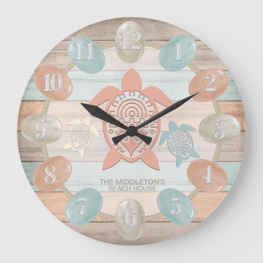 航海のビーチストライプ、海ガラス、亀 ラージ壁時計 (正面)
