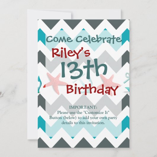 航海のビーチテーマシェブロンいかりヒトデ 招待状 (正面)