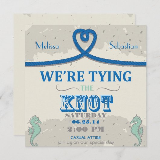 航海のビーチブルーハートノットウェディング招待 招待状 (正面/裏面)