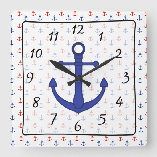航海のビーチブルーレッドいかり時計 スクエア壁時計 (正面)