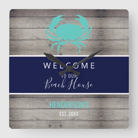 航海のビーチ素朴ウッドファミリーモノグラム名 スクエア壁時計 (正面)